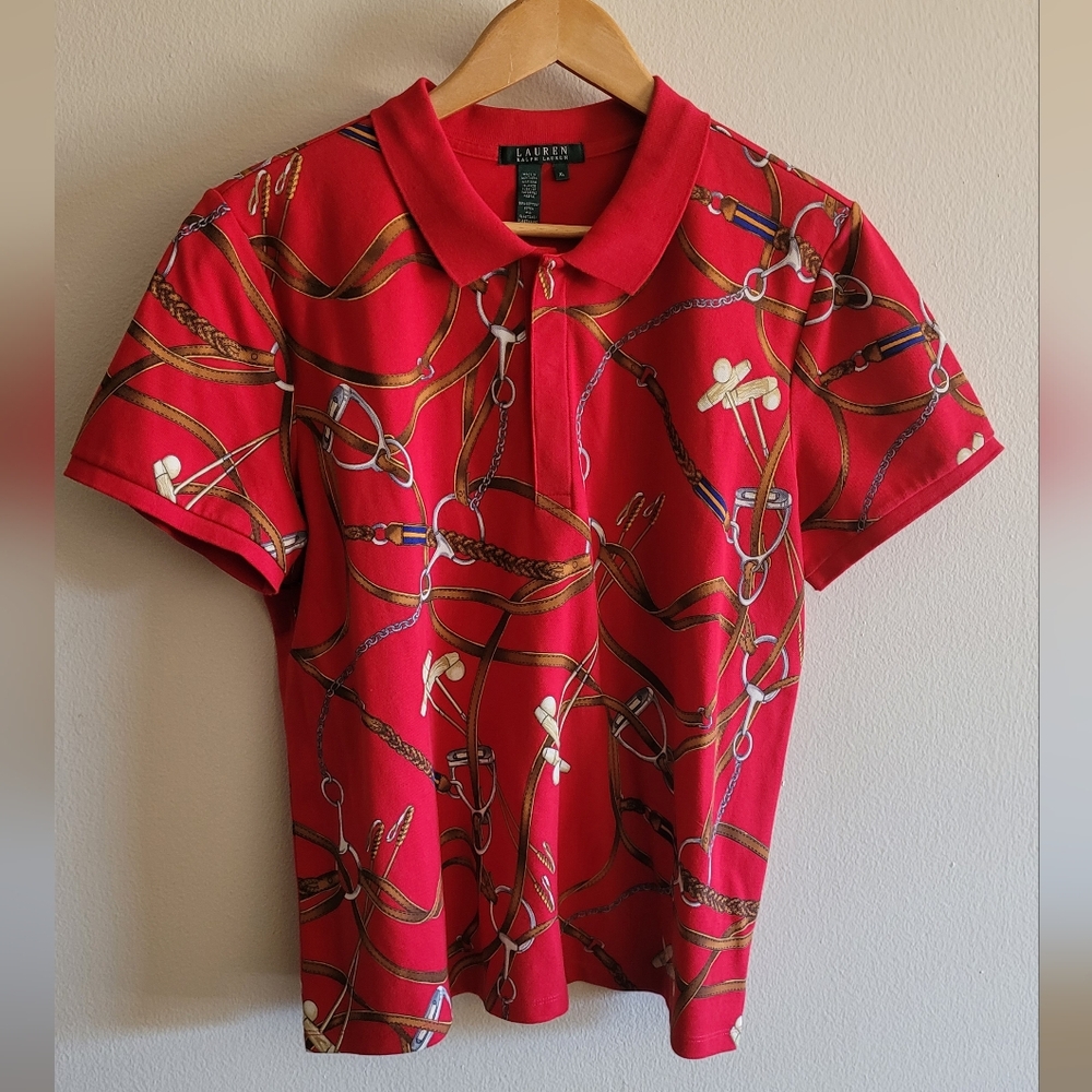 Ralph Lauren Classic Polo Top, Women's XL, Red Equestrian Theme Cotton + Stretch